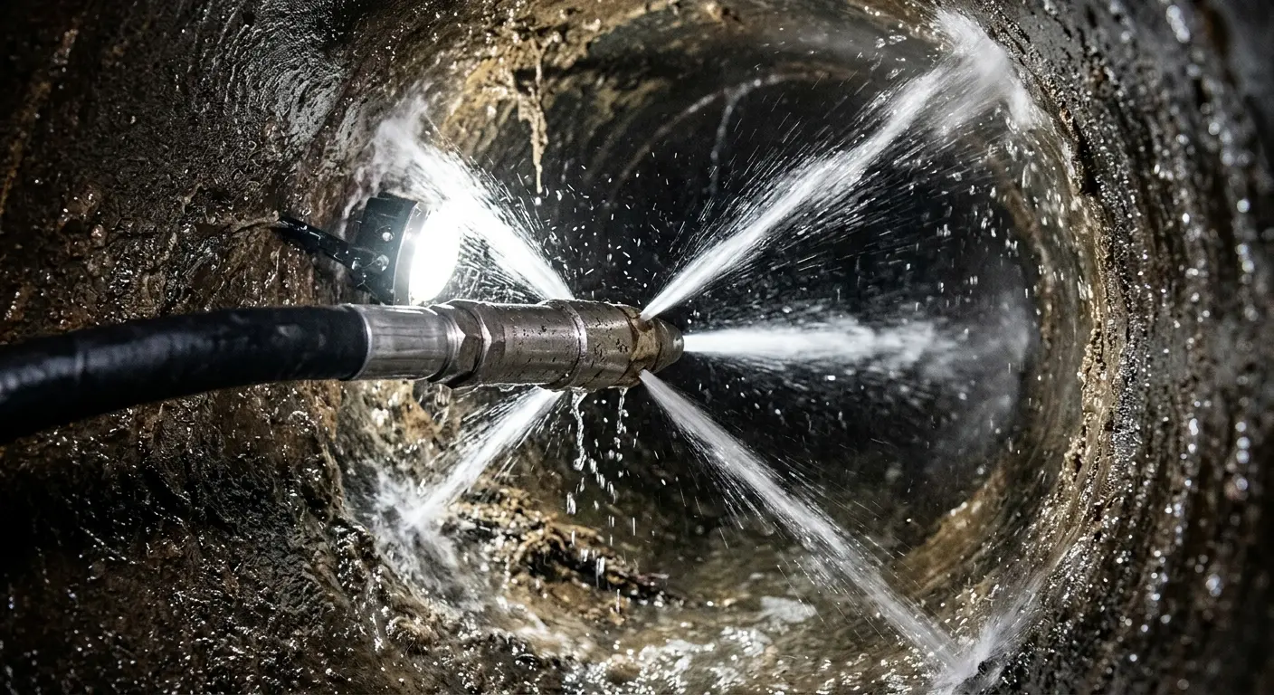 High-pressure hydro jetting nozzle cleaning sewer pipe for Trenchless Sewer Repair in Finley