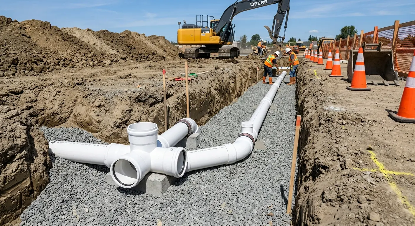 New PVC sewer pipe installation in open trench for Sewer Backup in Finley