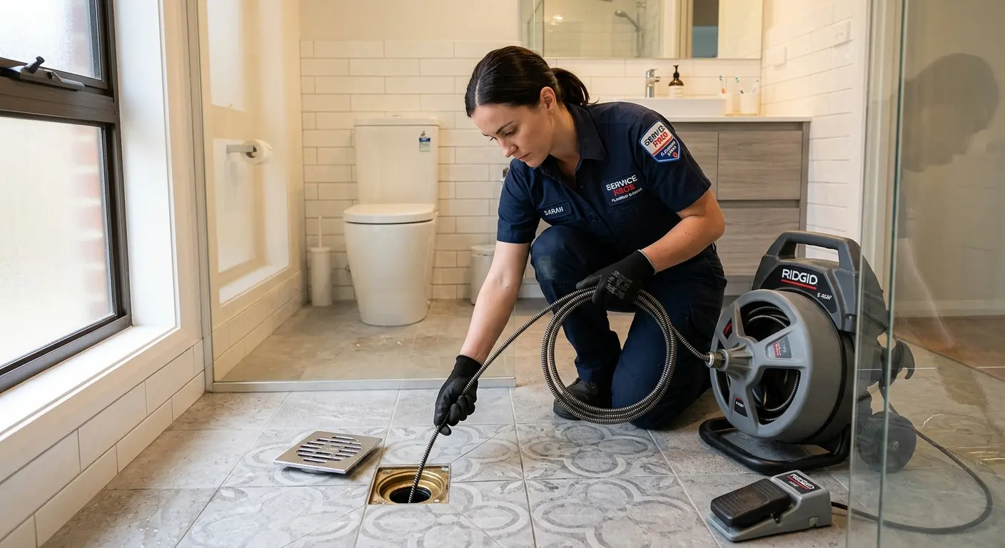 Technician clearing a bathroom floor drain for Drain Cleaning in Finley